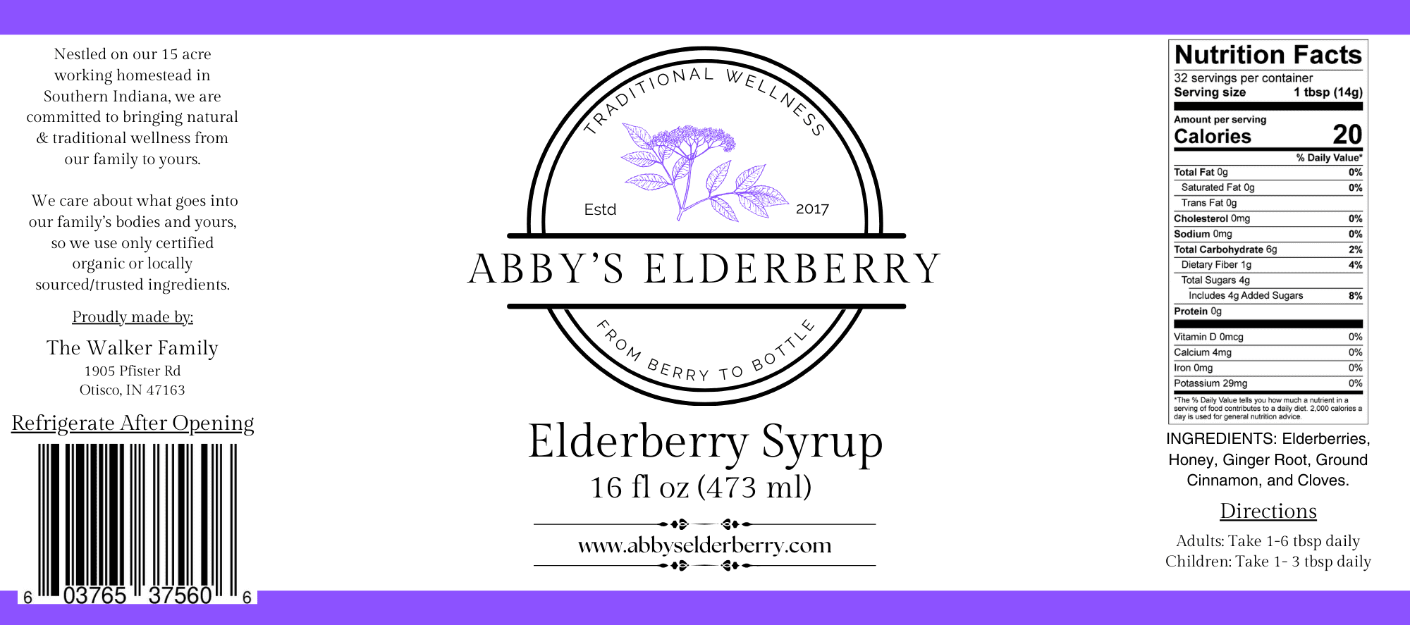 Abby's Elderberry - Elderberry Syrup with Honey -16 floz glass
