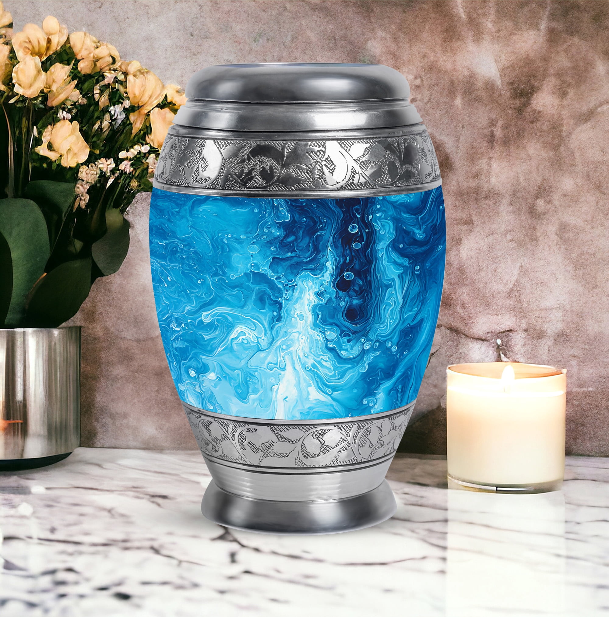 Yatskia Blue Swirl Urns For Human Ashes Adult Female & Male, Burial Urns For Adult Human Ashes, (Monar Large, 10 Inch)
