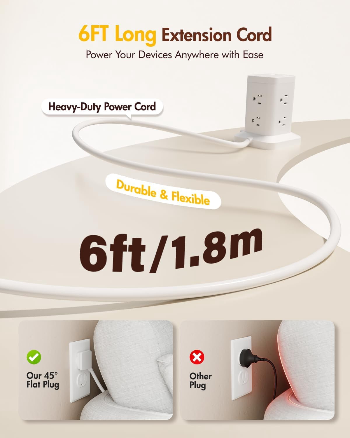 2Pack Tower with Surge Protector 1800J, Fast Charging Tower PD20W USB-C Ports with 8 AC Outlets, 10ft Extension Cord for Home Office Dorm Room, White