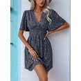 thumbnail image 4 of Women Summer Casual Floral Print Short Flutter Sleeve Mini Dress Casual Sundress V Neck Sun Dresses Black S, 4 of 9