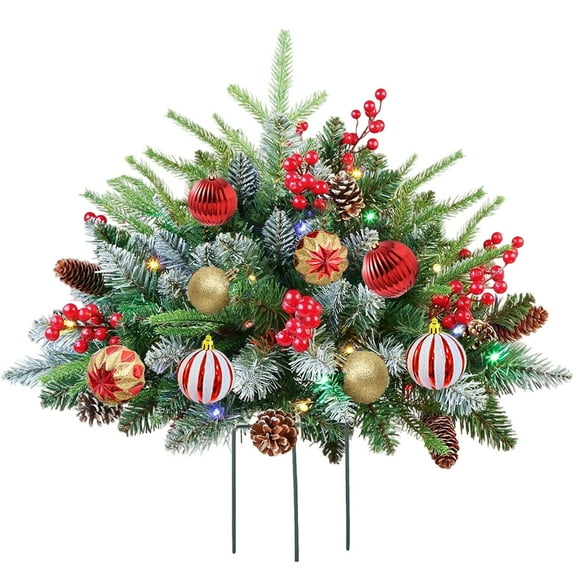 Battery Operated Artificial Christmas Tree Urn Filler Outdoor with LED Lights Lighted Cones Red Berries Pine Cones Stake for Outdoor Planters Planter Holiday Home Decor Pathway
