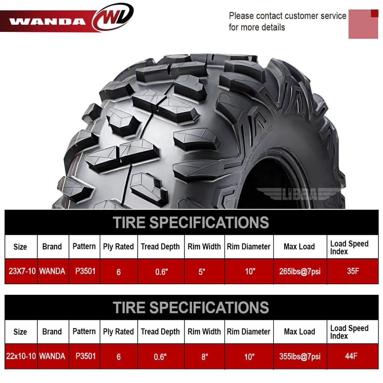 WANDA ATV Tire Set For Yamaha Timberwolf 250 / Bruin 250 | 23x7-10 Front & 22x10-10 Rear | 6-Ply, All-Terrain, Mud & Rock Traction