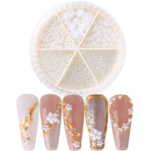 Encantos de uñas de flores Calcomanías de arte de uñas 1 Cajas Brillo de perlas Suministros de decoración de uñas Flor blanca Perla Bola de acero inoxidable Diseño Mix Set Diy Acrílico N