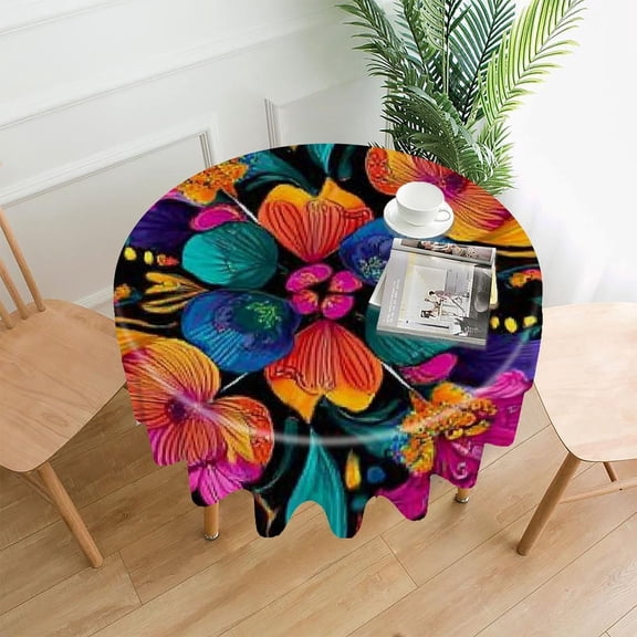 RKSupls 60 Inch Round Tablecloth, Neon Flowers Pattern Premium Polyester Straight Edge Wrinkle Resistant Washable Table Cover for Party Home Dining Decor