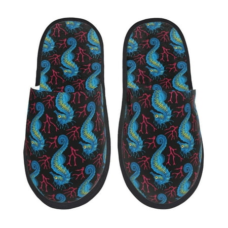 Balery Blue Seahorse Slient Indoor Furry Fleece Comfort House Shoes Soft Non-Slip Home Shoes Cotton slippers House Slippers-- Large
