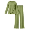 thumbnail image 4 of Dzrciro Sets for Women, Long Sleeve Crew Neck Irregular Wrap Tops and Elastic High Waist Wide Leg Pants 2 Piece Sets with Pockets, Soft Vacation Womens Sets S‑2XL, 4 of 7