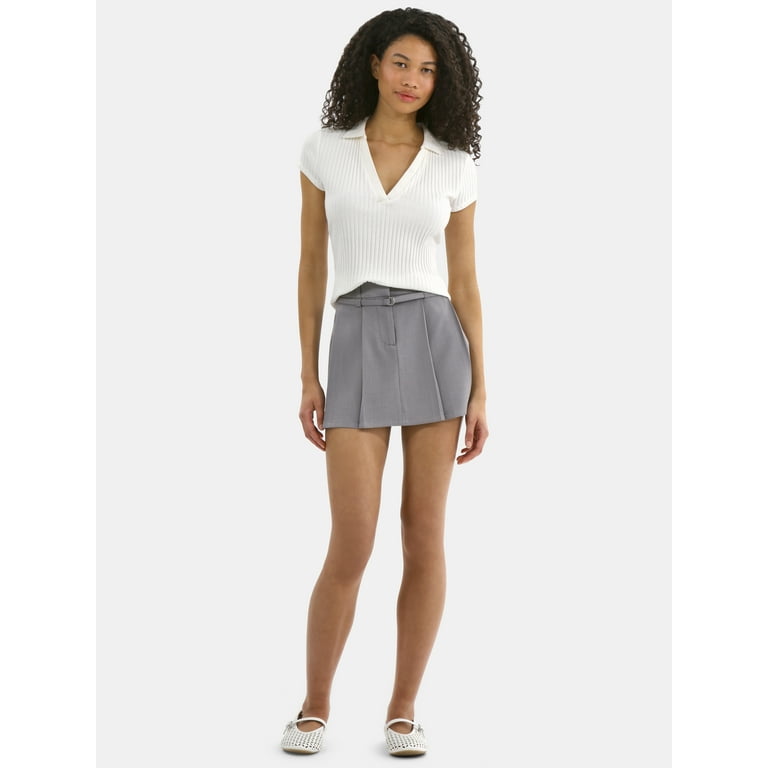No Boundaries Pleated Belted Mini Skirt, Women's - Walmart.com