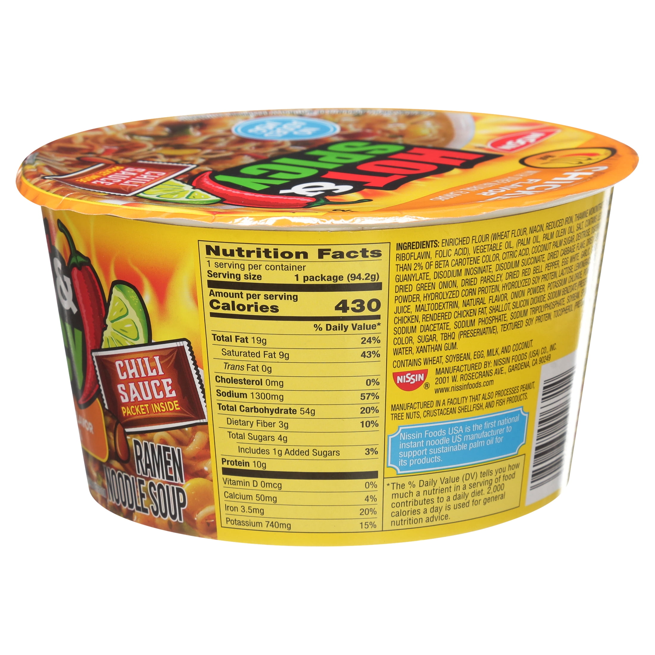Nissin Bowl Noodles Hot & Spicy Chicken Flavor Ramen Noodle Soup, 3.32 oz (Pack of 8)
