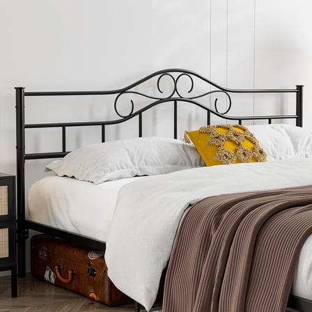 Adjustable Height Black Metal King Size Headboard with Curved Scrollwork Design