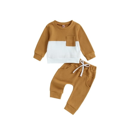 

Toddler Baby Boy Girl Fall Outfit Color Block Long Sleeve Sweatshirts Tops Elastic Waist Pants Cute Newborn Clothes Set