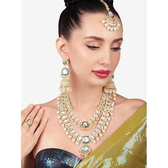 Green Meenakari Dazzling Kundan Layered Bridal Necklace Earring Maangtikka & Ring Set For Women