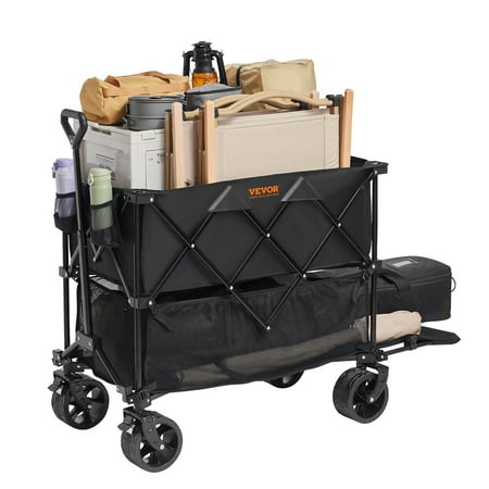 HCY Foldable Double Decker Wagon, 400L Collapsible Wagon Cart with All-Terrain Wheels, Heavy Duty Folding Wagon Cart 450 lbs Weight Capacity for Camping, Shopping, Garden, 52" Extra Long Extender