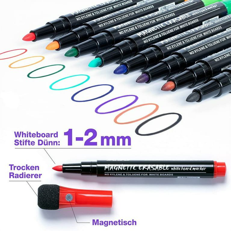 Mag-Fancy Magnetic Dry Erase Marker Set - Fine Tip Whiteboard Markers, Build-in Erase, 9 Color, Safe Inks, Low Odor