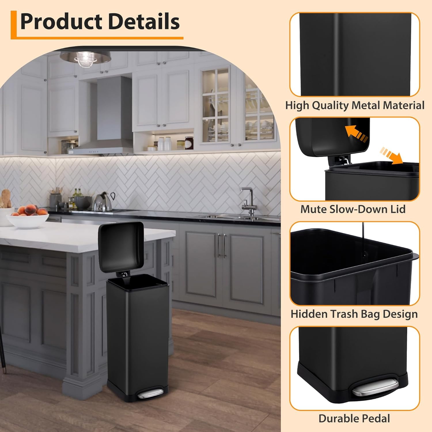 Huisuilinss 8 Gallon/ 30L Trash Can,Kitchen Trash Can with Lid,Step Trash Bin Fingerprint-Proof For Office Bedroom Bathroom Brushed Stainless Steel Garbage Can