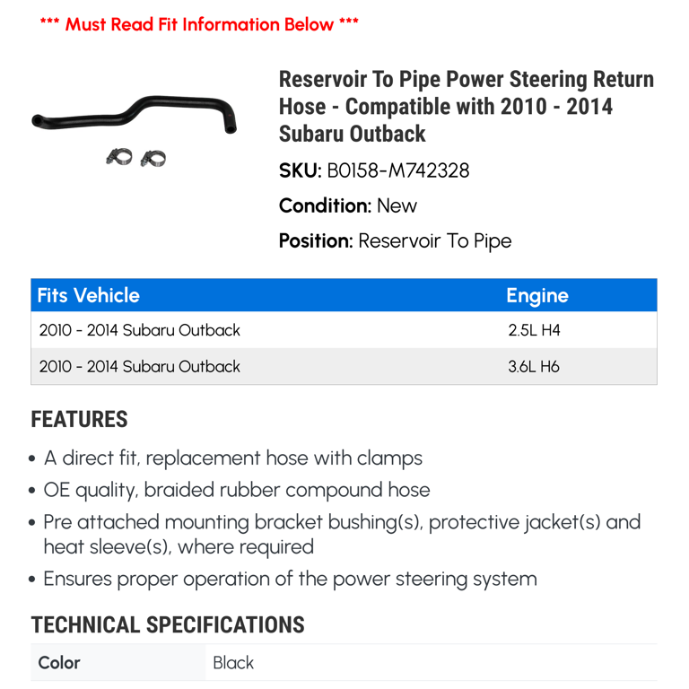 2013-2014 Subaru Power Steering Pressure Hose 34610AJ25B | Subaru