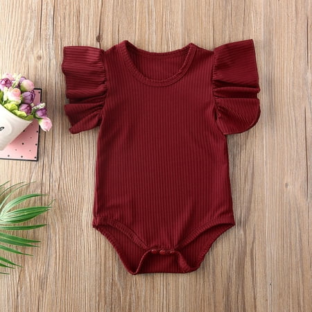 

Calsunbaby Infant Baby Boy Girl Summer Rompers Solid-Color Ribbed O-Neck Ruffle Sleeves Closefitting Jumpsui