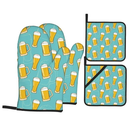 

Oven Mitts and Pot Holders 4 Piece Beer print B High Heat Slip Resistant Oven Mitt and Trivets Set Kitchen Oven Glove Pot Holders for Cooking Baking Grilling