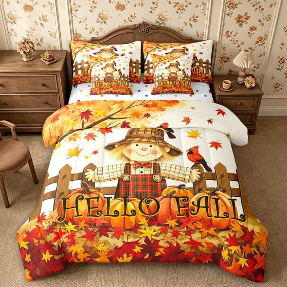 Erosebridal Cartoon Scarecrow Birds 7-Piece Twin Bedding,Fall Harvest Bedding Comforter Set,White Orange Brown,Reversible