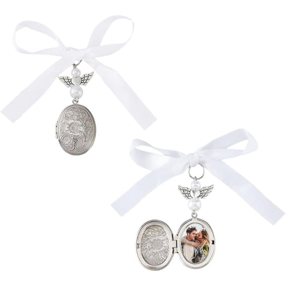 2PCS Bride Flower Charm Platinum Bouquet Photo Charm Round Locket for Bouquet 7cm Long Memorial Photo Pendants 316 Stainless Steel Personalised Photo