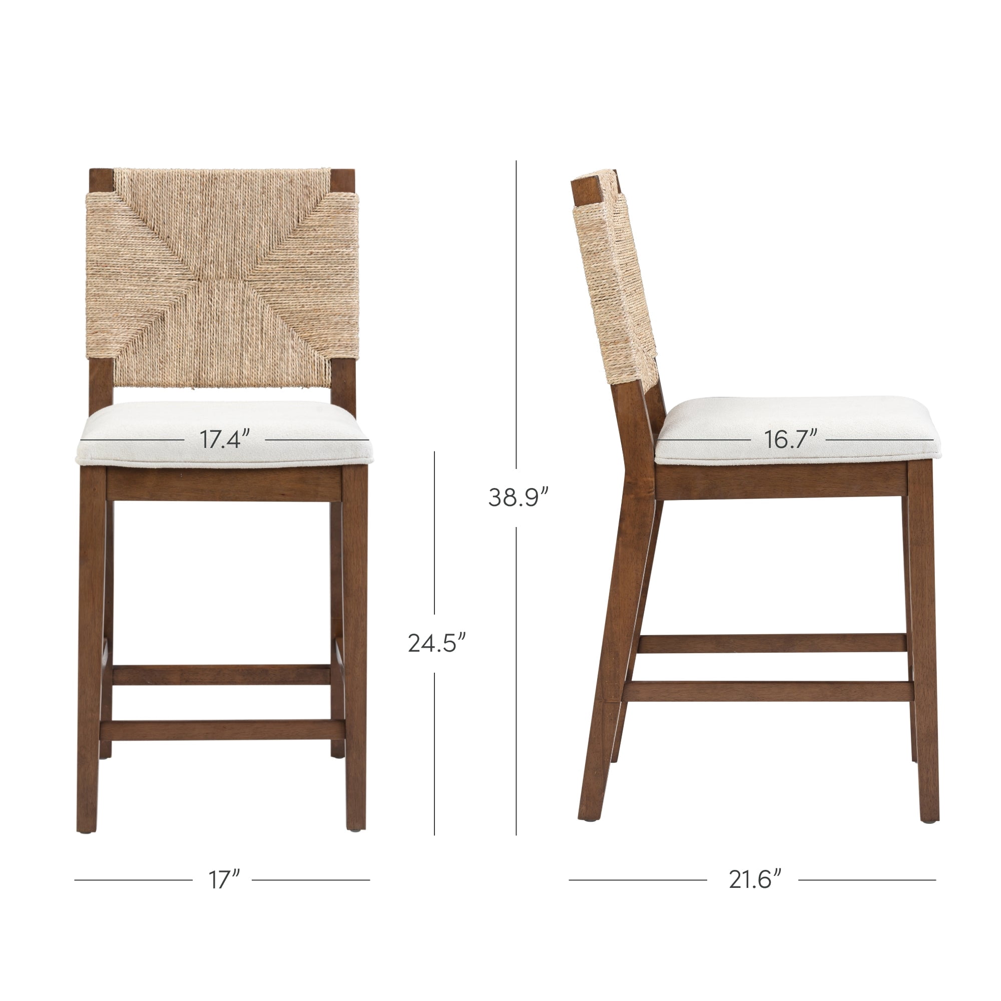 Nathan James Beacon Bohemian Boucle Bar Stool, Upholstered Bar Stool or Island Chairs for Kitchen, Seagrass Counter Height Stool with Back and Solid Wood Legs, Cream Boucle/Dark Brown