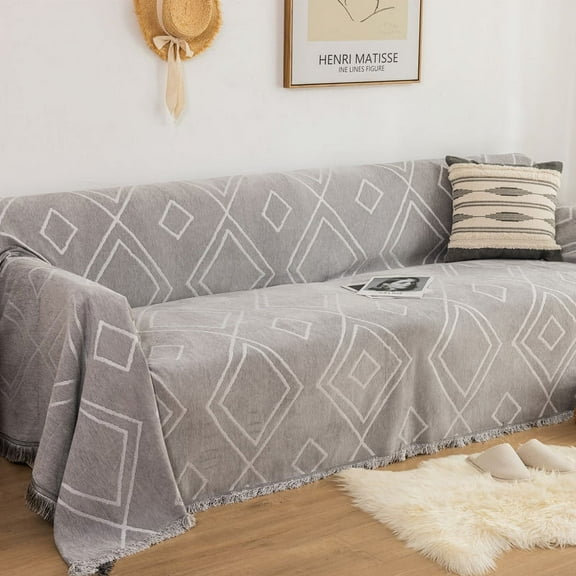 Nordic Chenille Sofa Cover - Full Coverage Yarn-Dyed Jacquard with Geometric Diamond Pattern & Fringes, Sofa Throw for Sofa Cushion