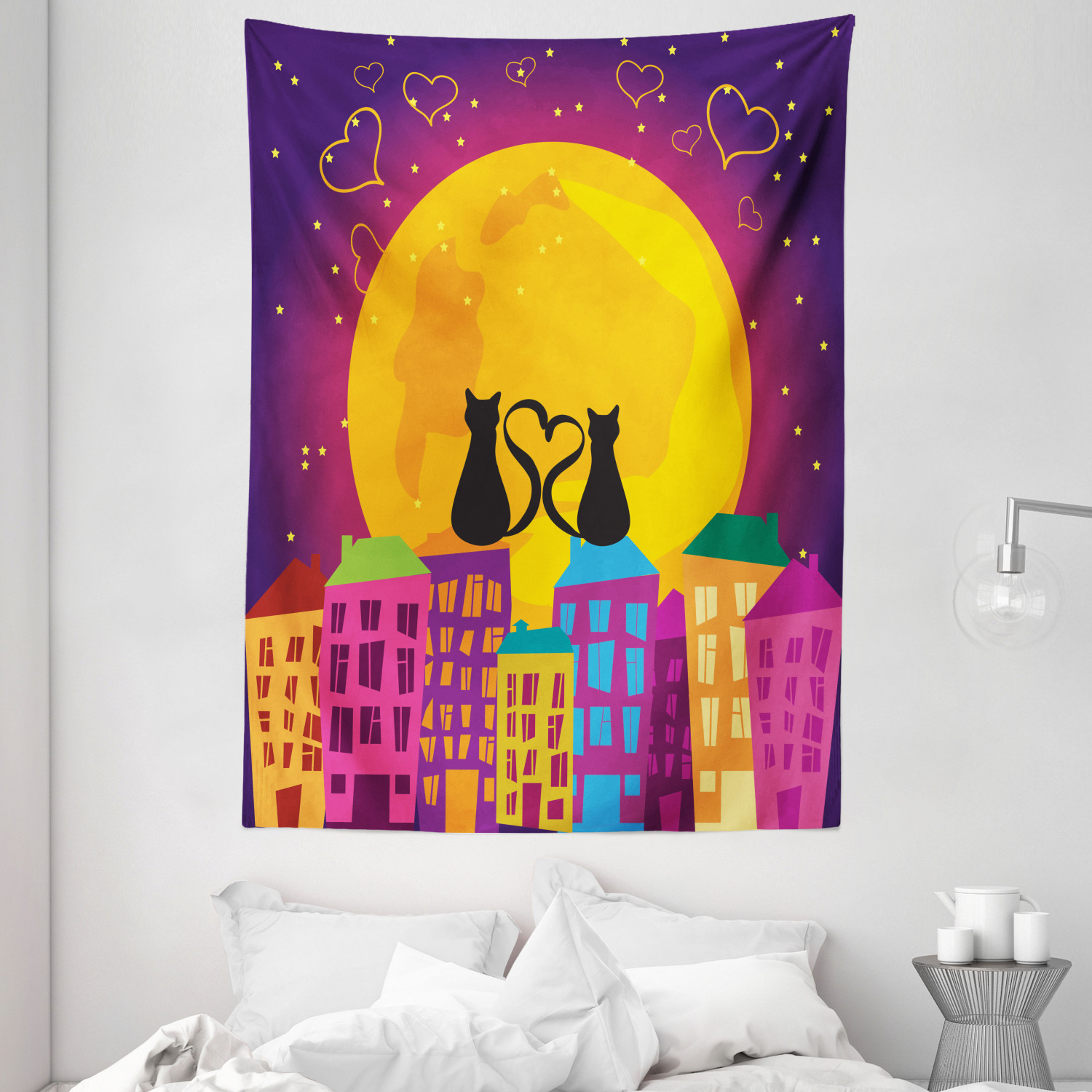 Animal Decor Wall Hanging Tapestry, Cats on the Roof with Heart Shaped