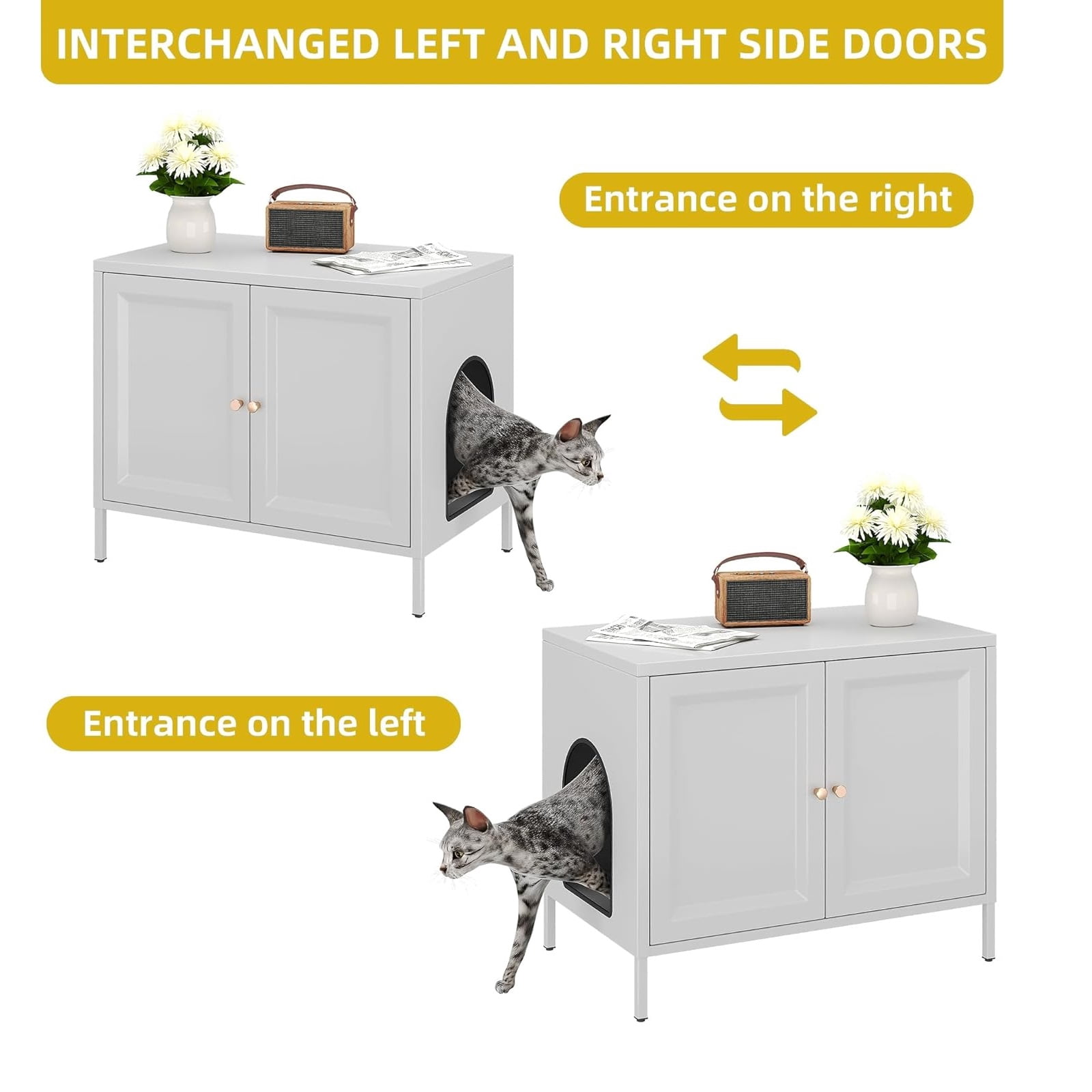 Metal Cat Litter Box Furniture with Barn Door, Fits Most Litter Boxes, White, Assembly Required