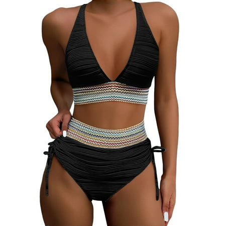 Hwmodou Bikini Sets For Women 2-Piece High Waist Sets Color Block Drawstring Bra And Thong Bathing Suit Beach Seaside Swimsuit