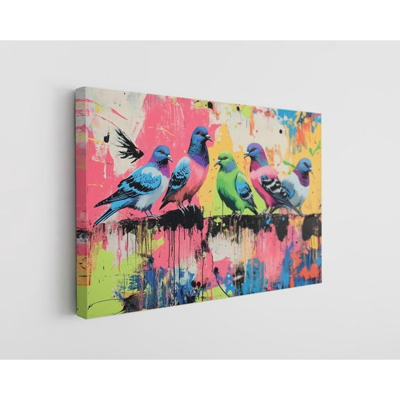 Colorful Graffiti of Pigeons Canvas Wall Art - High-Quality Urban Print - Handcrafted Street Art Decor - Stylish Wall Art - Gift for Contemporary Spaces