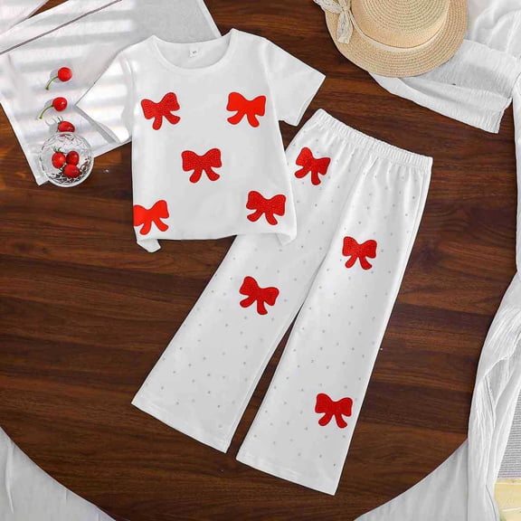 hengsof Toddler and Children's Clothing Set with Bow Print Short Sleeve Round Neck Shirt and Flared Pants