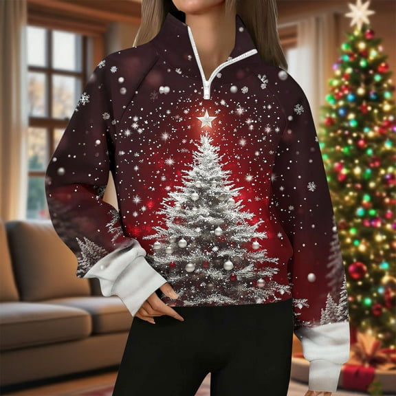 Womens Tops Christmas Print Lapel Zipper Long Sleeve Casual Pullover Sweatshirt,Sweatshirts for Women Red S