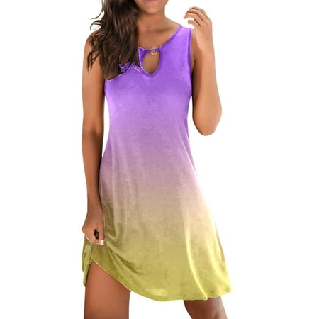 OJSFQUFP Vacation Dresses Hot Pink Summer Dresses for Women Trendy Boho Floral Print Cover Up Crew Neck Sleeveless Beach Holiday Dress L