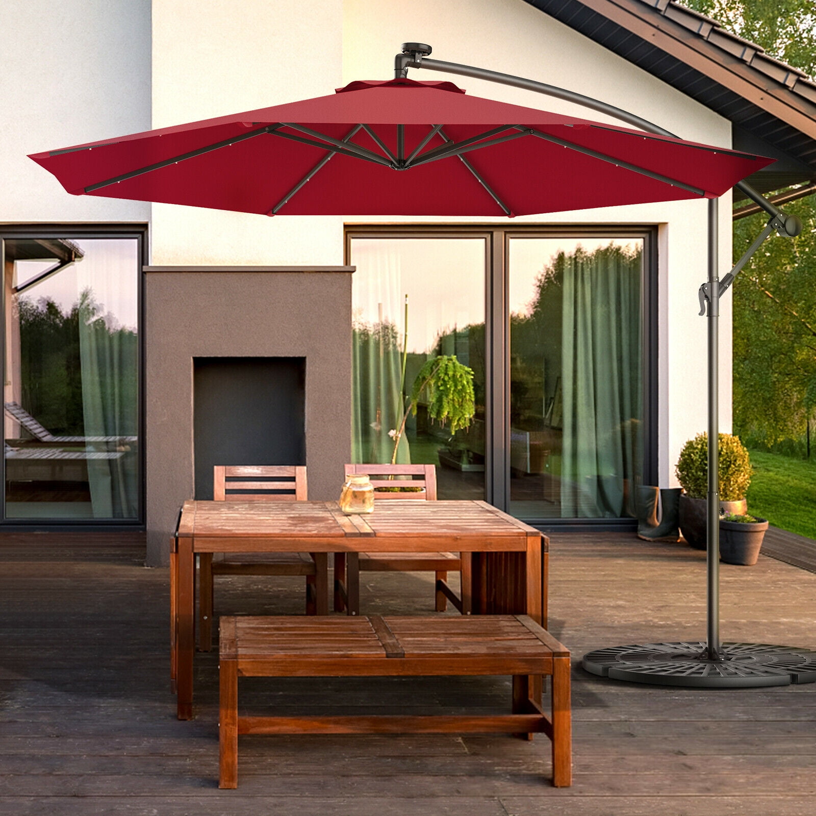 10' Offset Umbrella Outdoor Lighted Patio Shade Canopy Sunshade Cantilever Crank 