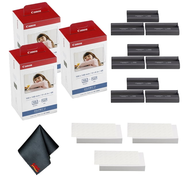 Canon KP-108IN Color Ink and 4 x 6 Paper Set bundle with three packs, each containing 108 sheets of postcard-sized photo paper and three ink cartridges, compatible with Canon SELPHY printers. Features dye sublimation technology for vibrant, smudge-free prints. Includes a black cleaning cloth for maintenance.