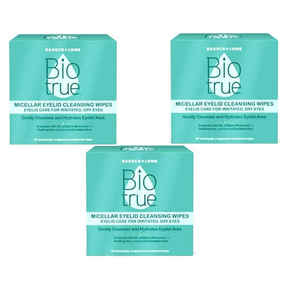 Biotrue Micellar Eyelid Cleansing Wipes, Eyelid Care for Irritated and Dry Eyes from Bausch   Lomb, Fragrance Free, Soothing, Naturally Inspired, Pack of 30 - 3 Pack