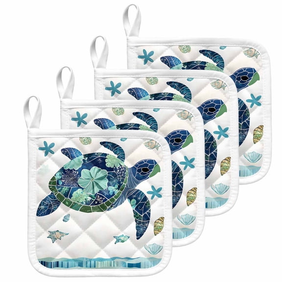 Blue Teal Coastal Turtle Pot Holders for Kitchen Heatproof Potholder, 4 Pack Summer Beach Starfish Nautical Hot Pads Multipurpose Oven Pads Cloth Potholders Trivet for Cooking and Baking