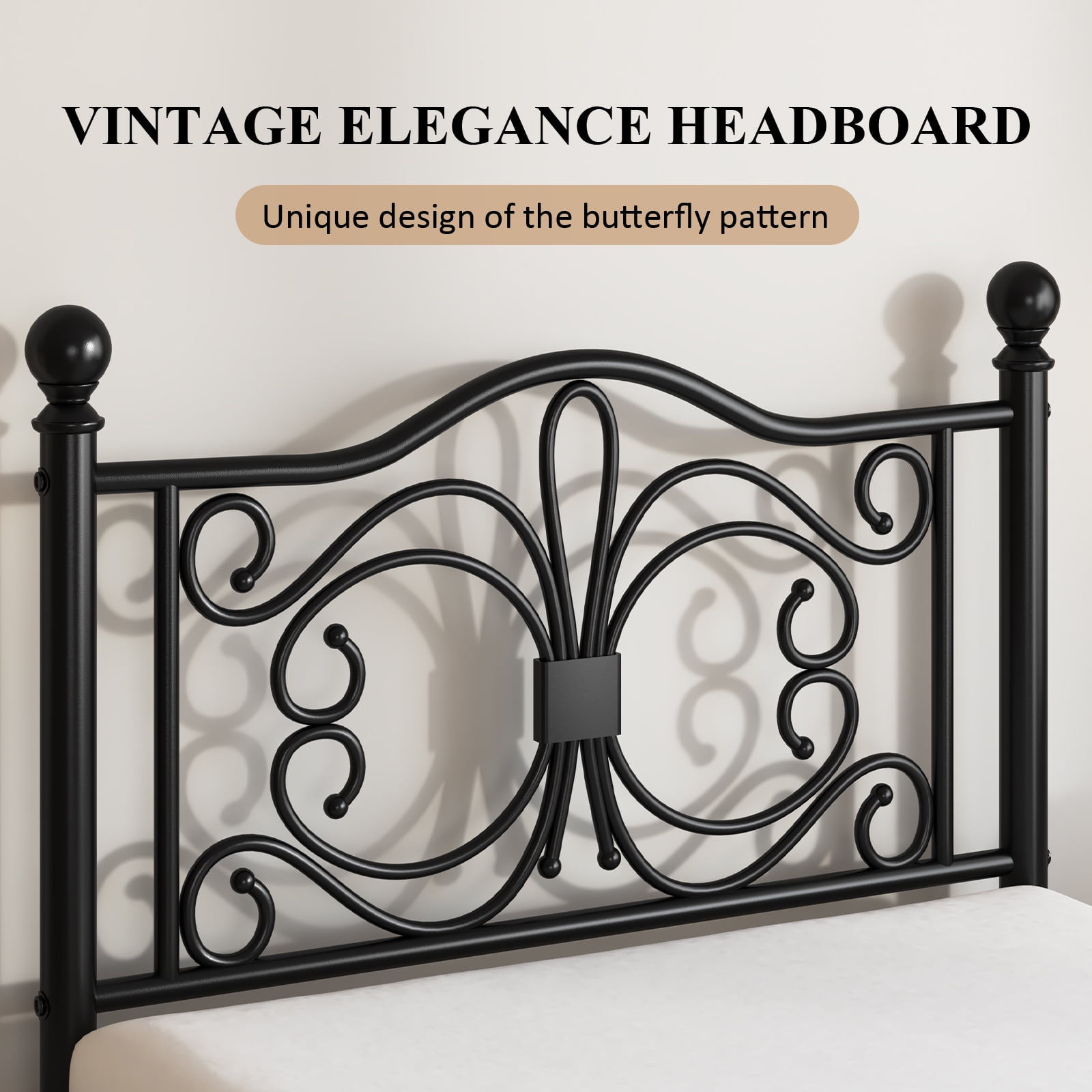 E-motie Metal Platform Bed Frame Twin Size with Butterfly Pattern Vintage Headboard & Footboard, Underbed Storage, Black