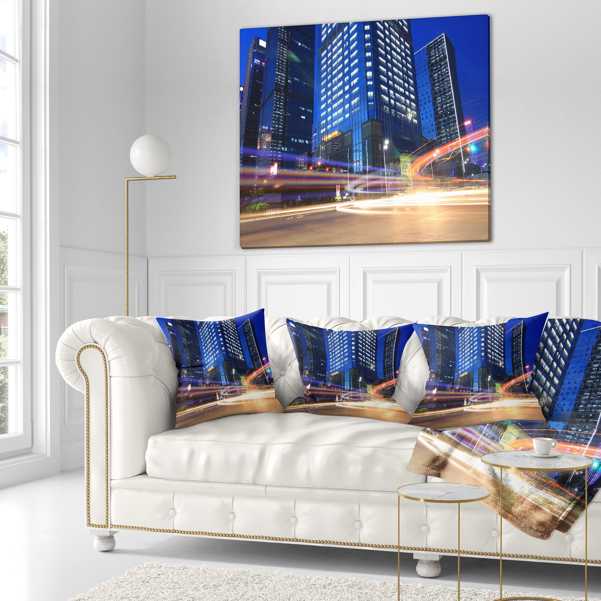 Designart Light Trails in Blue City - Cityscape Digital Throw Pillow - 16x16