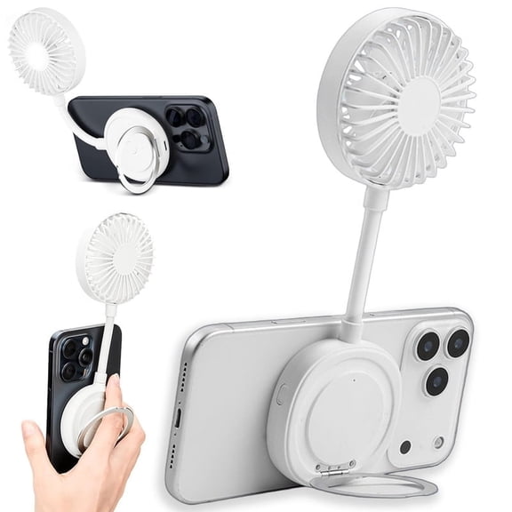 Magnetic Phone Fan, Portable Mini Fan with Adjustable Ring Holder, USB Small Desk Fan for Phone, Summer Outdoor Accessories - White