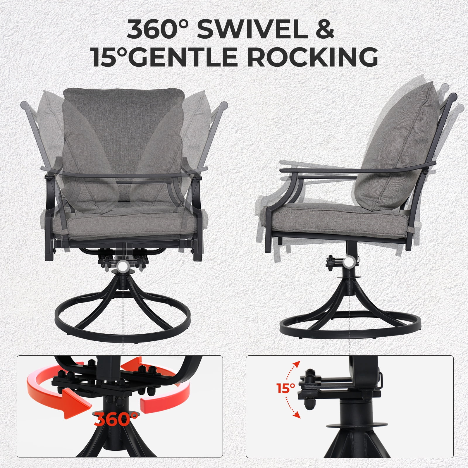 EVERITE Patio Chairs Set of 2,Outdoor Swivel Patio Metal Chairs with Olefin Cushions for Bistro Balcony Porch Deck and Yard,Grey