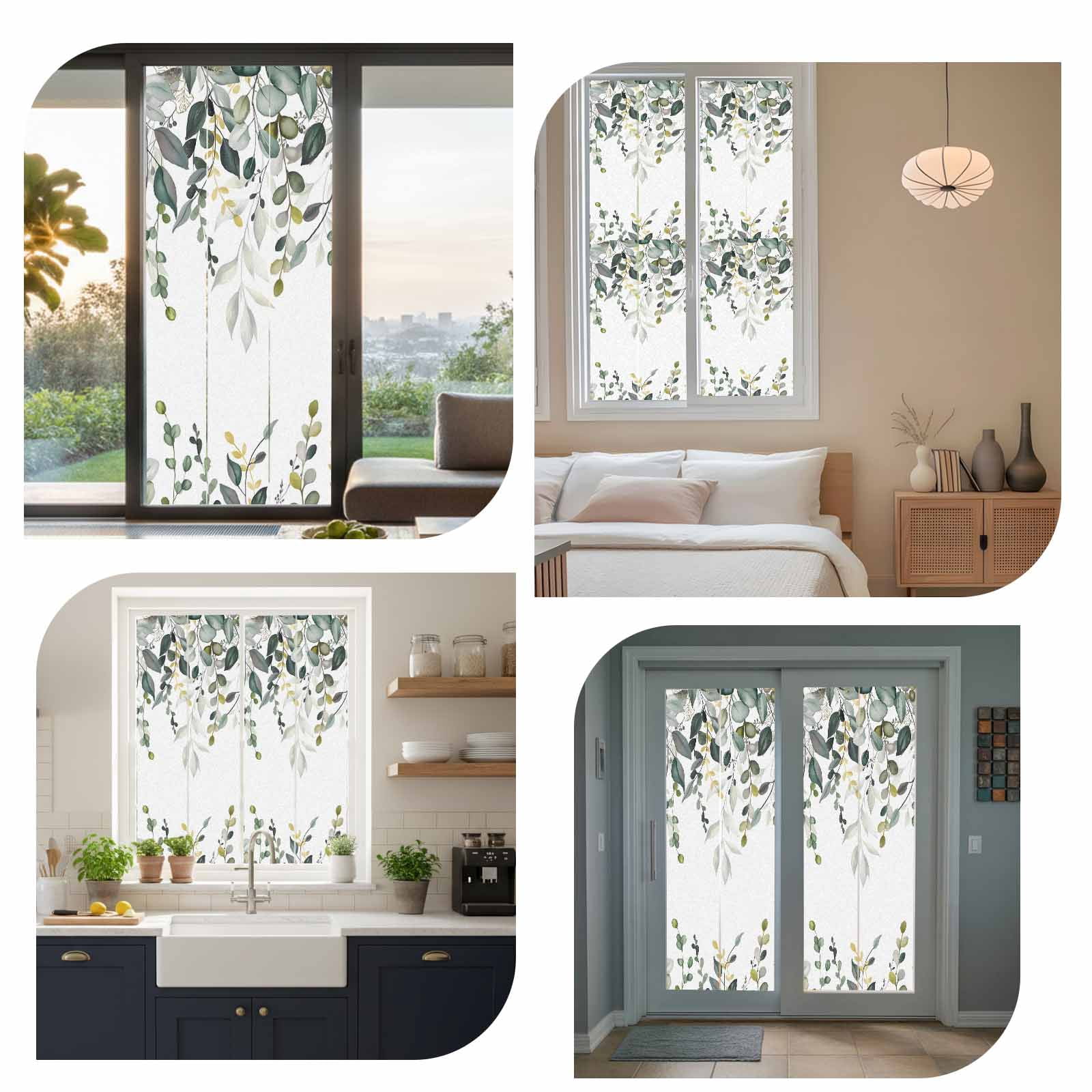 Removable Glass Window Covering, Gray Green Eucalyptus Leaves Window Privacy Film Frosted, Farmhouse Botanical Watercolor Decorative Privacy Windows Film for Bedroom, Living Room, 19.6 x 39.3 Inches