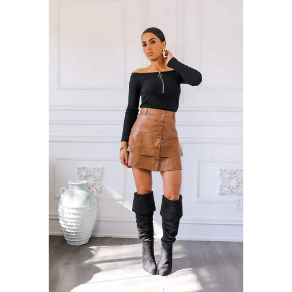 Long Sleeve Off-Shoulder Top With 3/4 O Ring Front Zipper