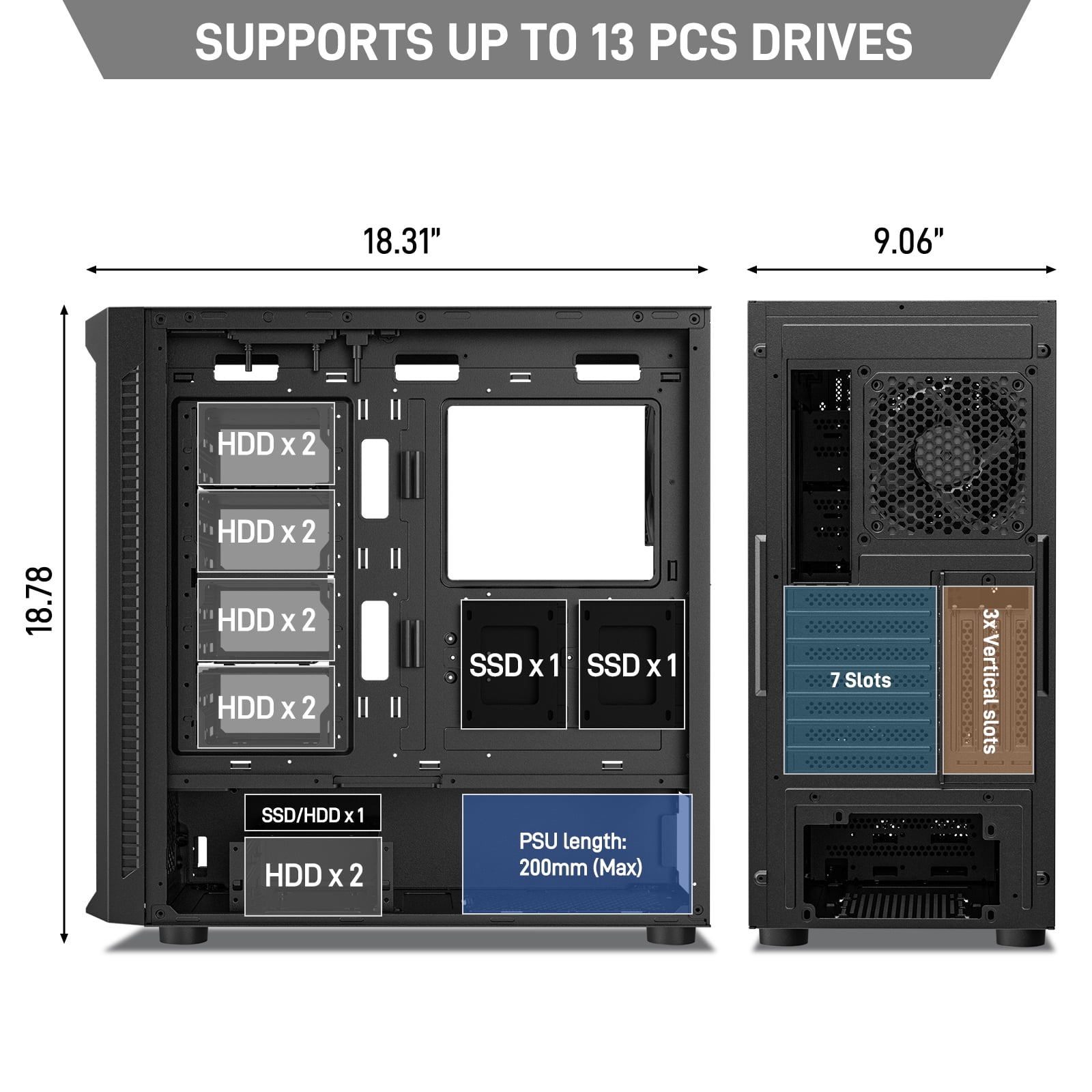 DARKROCK Classico Max Storage Master Case E-ATX Computer Case with 4x120mm Black Fan, 10 x3.5 HDD+3 x2.5 SDD USB 3.0 Ready, 360mm Radiator Supported, Vertical Slots for GPU Vertically Mount - Black