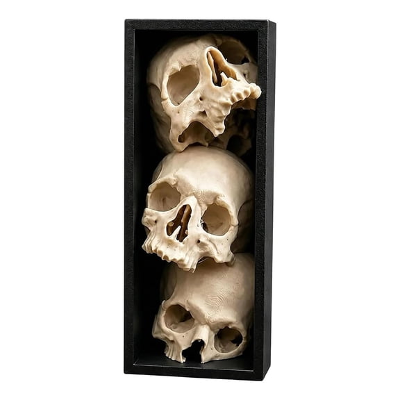Pile of Skulls Book Nook, Gothic Skull Bookshelf Insert, 3 Tier Stacked Skulls Sculpture with Black Frame, Academia Spooky Decor for Bookshelf Halloween Living Room Study (1PC)