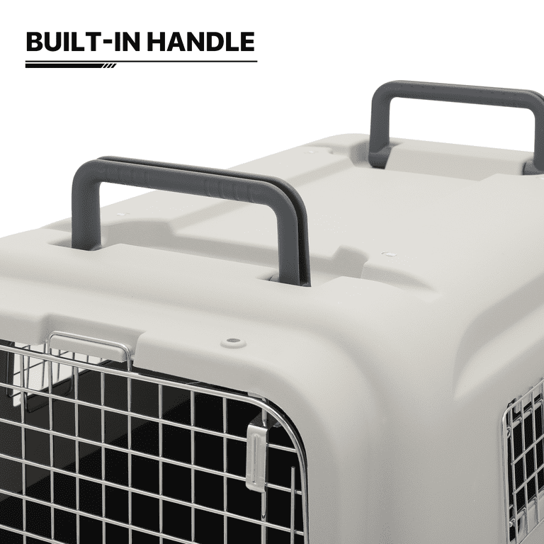 MoNiBloom 32 Cat Dog Carrier Cage Portable Pet Transport Box Airline  Approved Pet Kennel with Bowls & Wheels, 30lbs Weight Capacity, White/Grey