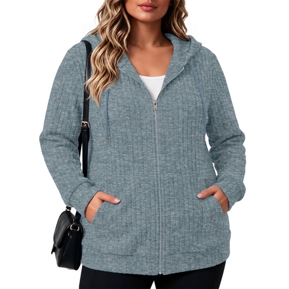 Gleelist Plus Size Hoodies For Women Lightweight Long Sleeve Zip Up Hooded Sweatshirt Trendy Ribbed Knit Jackets With Pockets XL-5XL