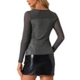 thumbnail image 3 of Camisetas brillantes INSPIRE CHIC para mujeres con panel de malla, cuello redondo, mangas largas y ajuste esbelto en gris plateado, 3 of 6