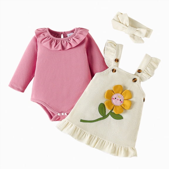 NOLDARES Baby Girl Fall Winter Clothes Cute Outfits Long Sleeve Romper Overall Skirt Dress Headband 3PCS Newborn Outfit(Pink,0-3 M)