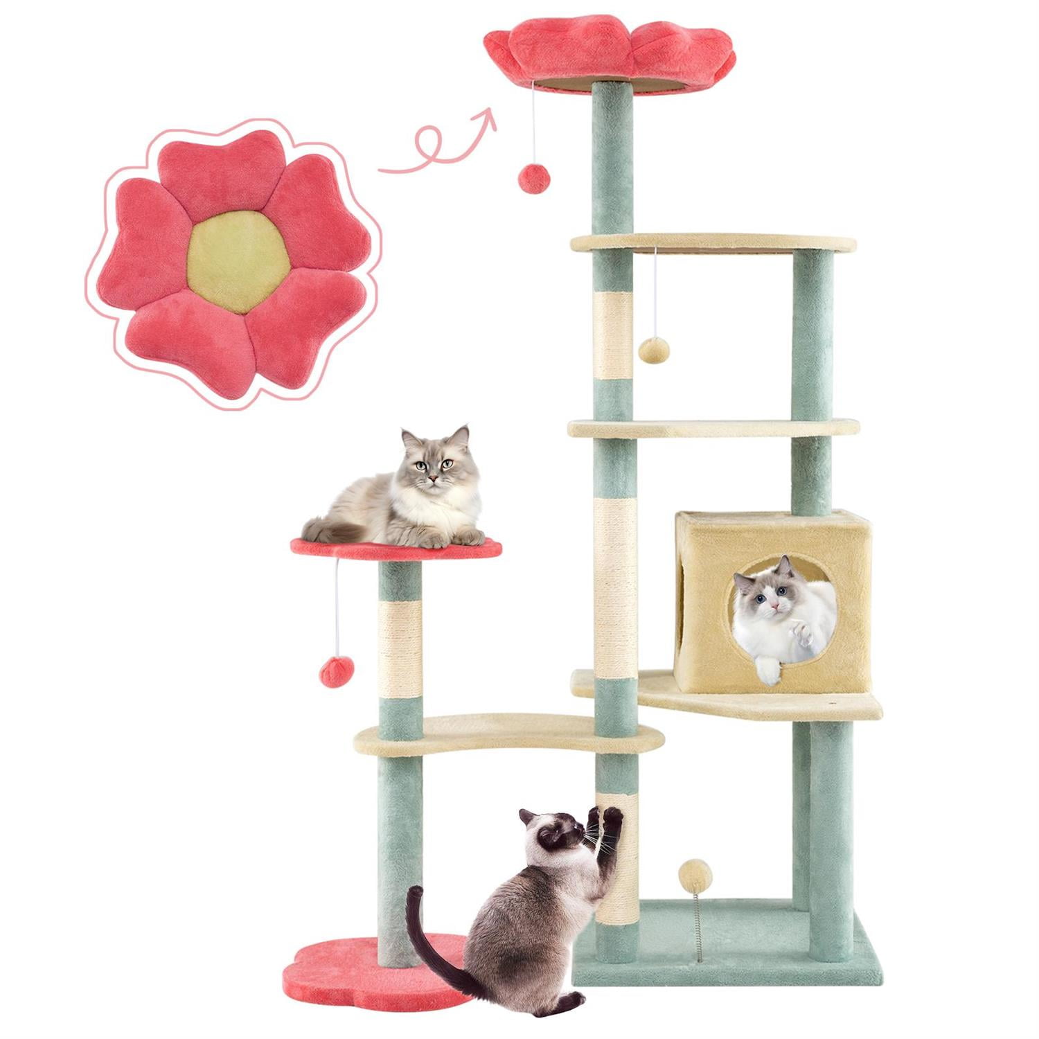 Pefilos 61" Tall Floral Kitten Tower, Flower-shaped Padded Perch, 5 Platforms & Condo, Blue