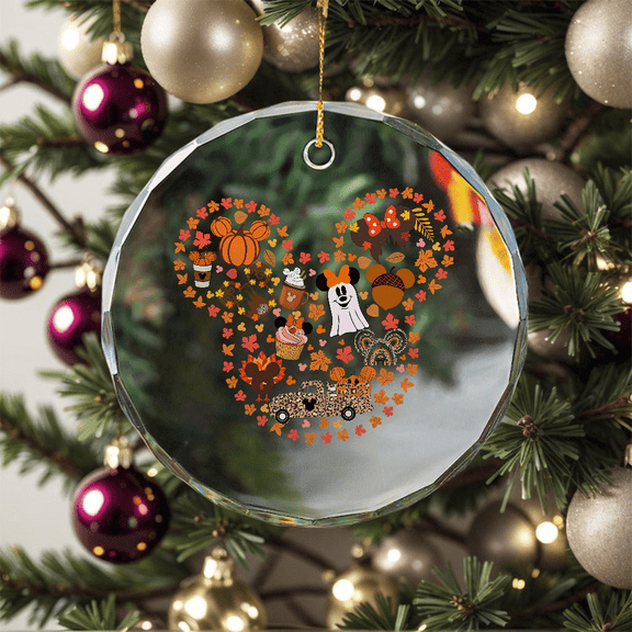 Theme Park Mouse Fall Vibes Fall Pumpkin Theme Park Spooky Season Pumpkin Thankful Theme Park Glass CIRCLE GLASS ORNAMENT Home Decor